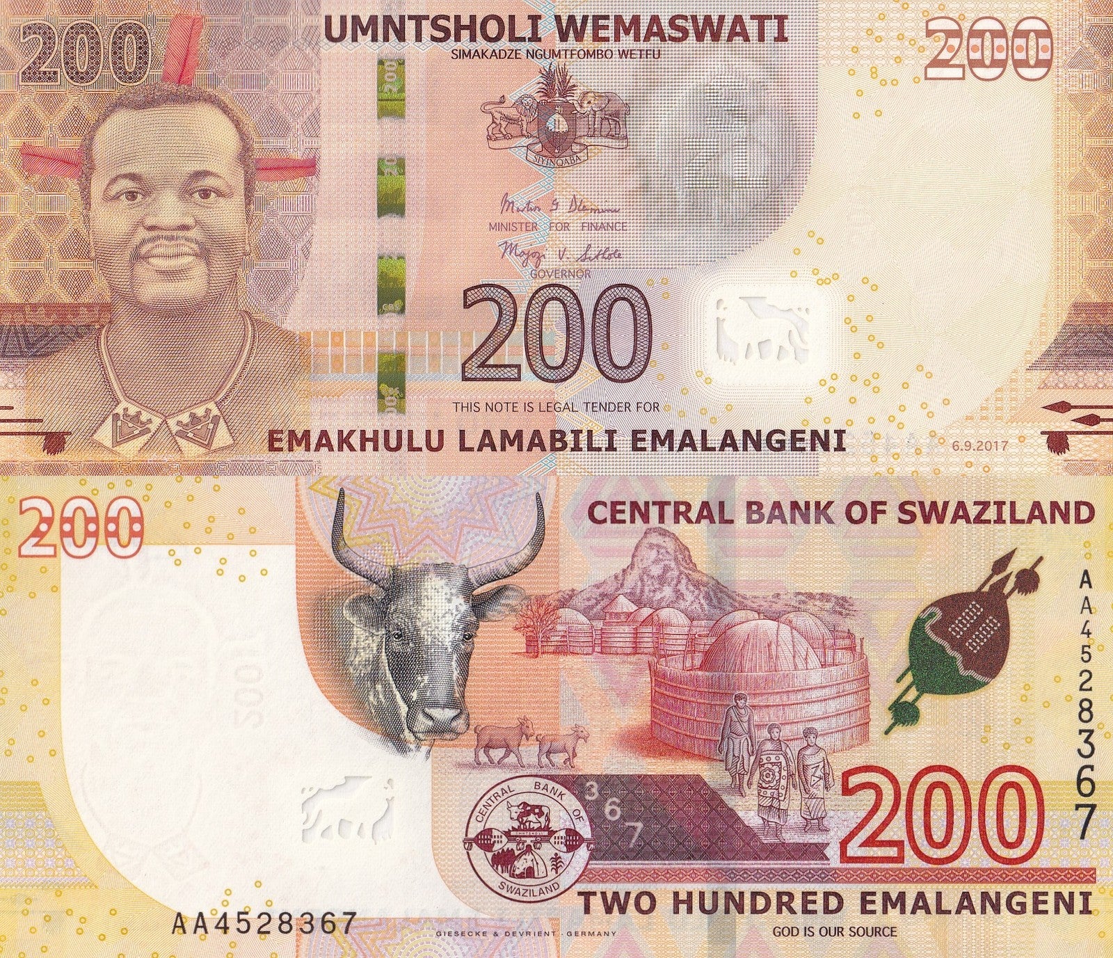 Swaziland Eswatini 200 Emalangeni 2017 P 43 UNC AA First Prefix