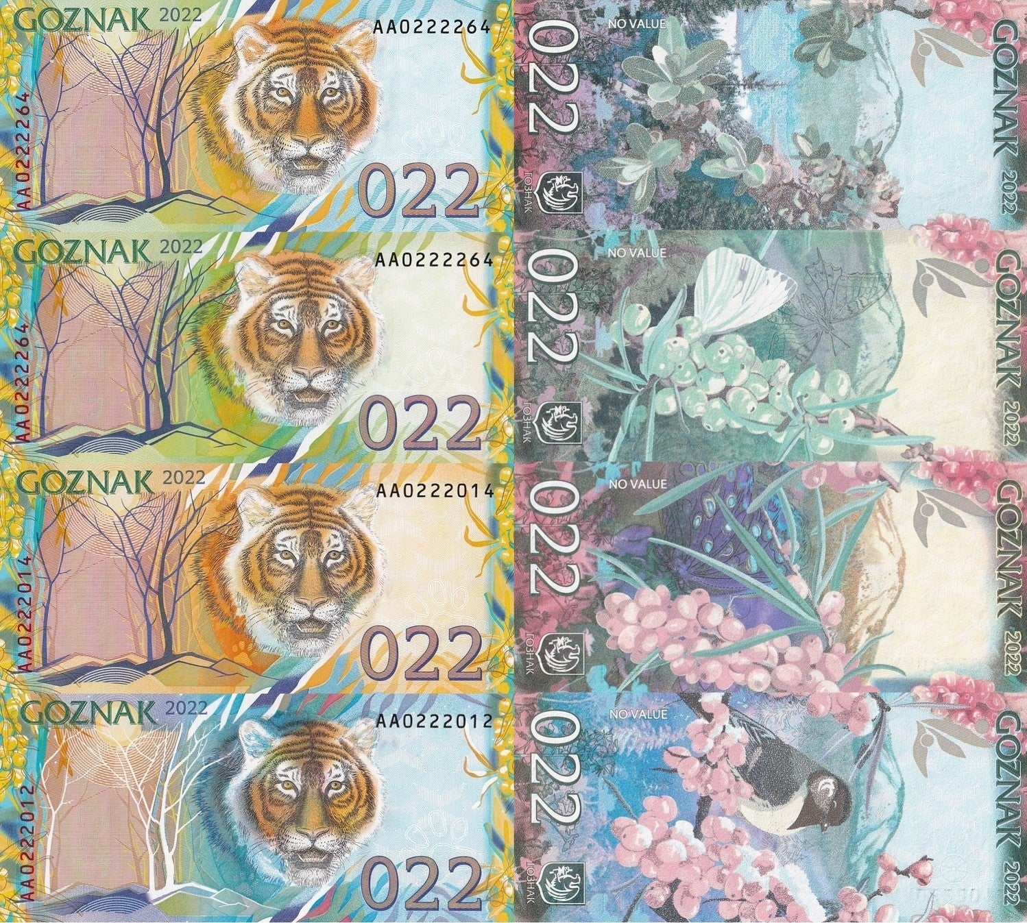 Russia Goznak Test Note 2022 Tiger 4 Seasons UNC Set 4 p AA Prefix With Folder