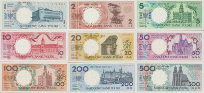 Poland 1 2 5 10 20 50 100 200 500 Zloty 1990 P 164 165 166-172 UNC Set 9 pcs