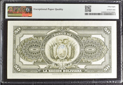 Bolivia 50 Bolivianos 1911 (ND 1929) P 116 AU PMG 58 EPQ LOW S/N 007276 TOP POP