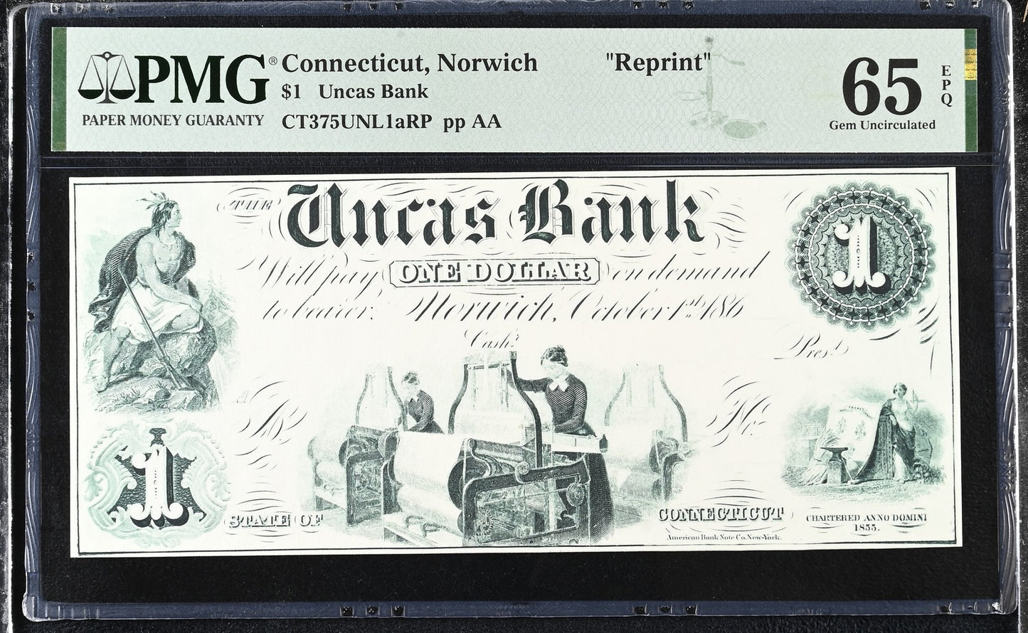 Connecticut Norwich Reprint 1-5$ Obsolete Bank Note UNC PMG 65 EPQ Set 3 pcs