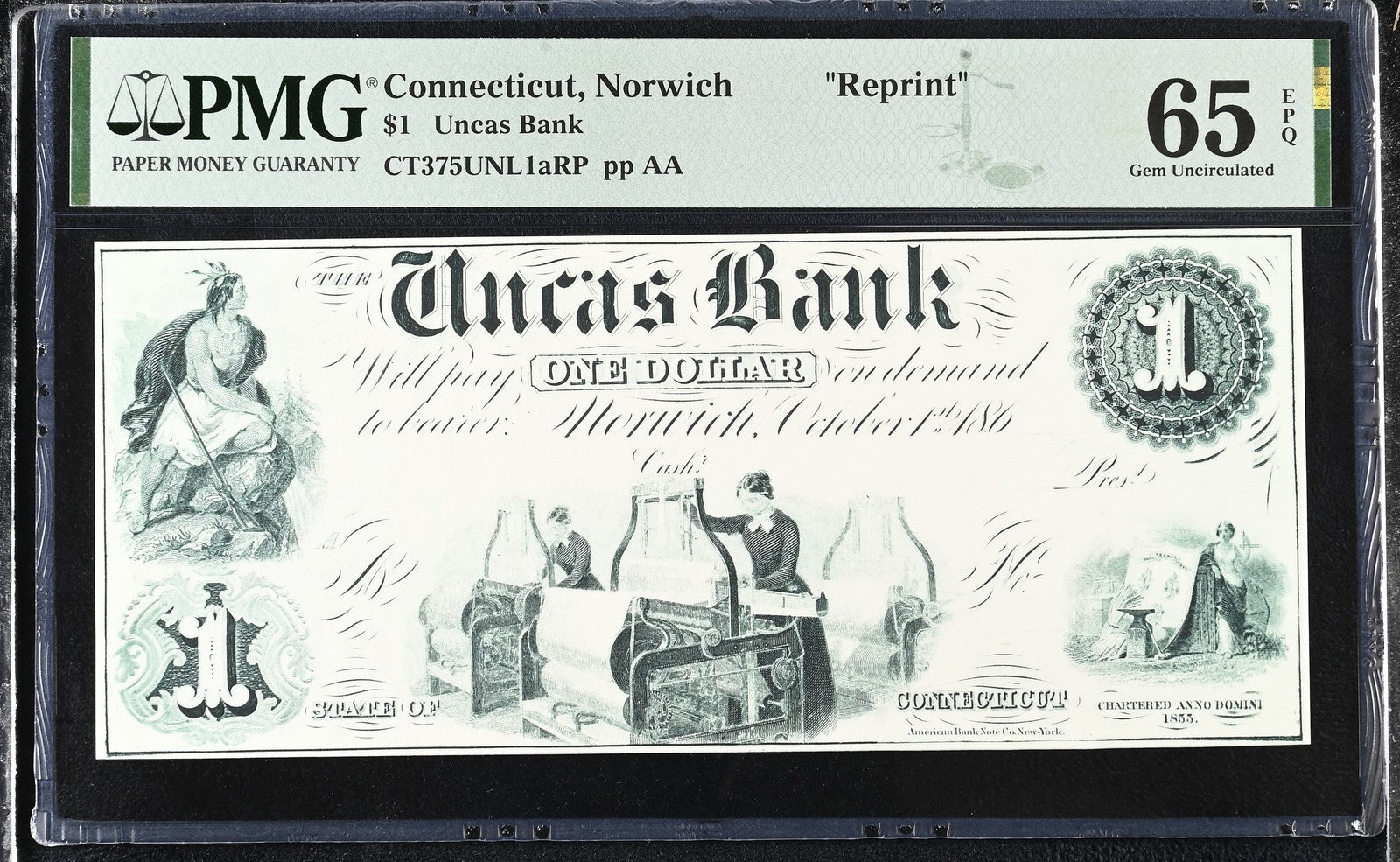 Connecticut Norwich Reprint 1-5$ Obsolete Bank Note UNC PMG 65 EPQ Set 3 pcs