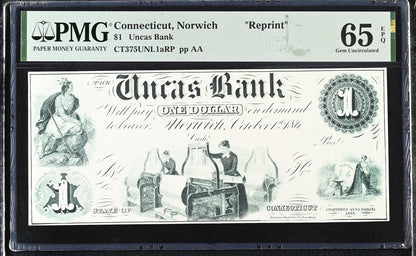 Connecticut Norwich Reprint 1-5$ Obsolete Bank Note UNC PMG 65 EPQ Set 3 pcs