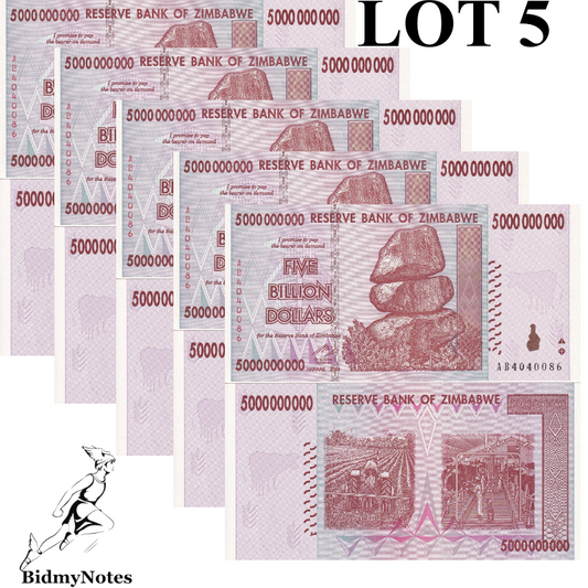 Zimbabwe 5 Billion 5,000,000,000 Dollars 2008 P 84 UNC Lot 5 1/20 Bundle