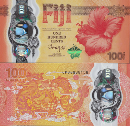 Fiji 100 Cents 2023/2024 P 124 Polymer Year of Dragon UNC COMM. S/N 88888XXX