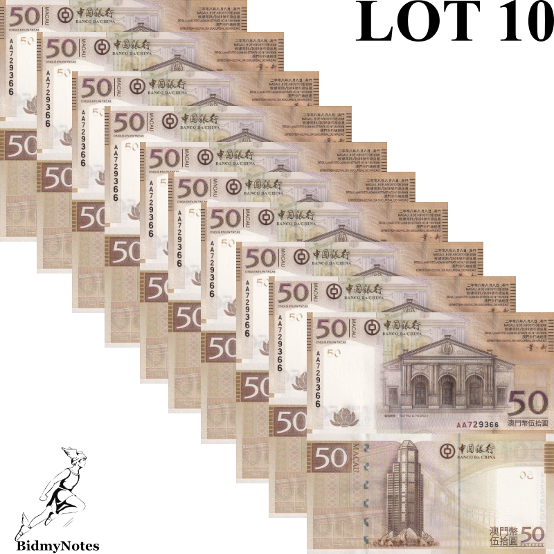 Macau Macao 50 Patacas 2008 P 110a UNC BOC AA First prefix 1/10 Bundle LOT 10