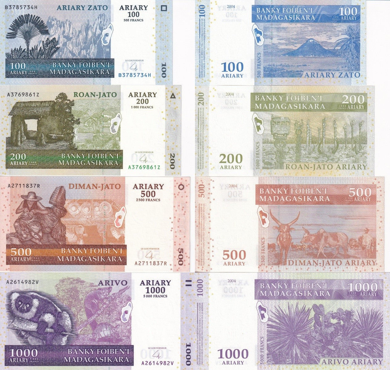 Madagascar 100 200 500 1000 Ariary 2004 P 86b 87b 88b 89b UNC Set 4 pcs