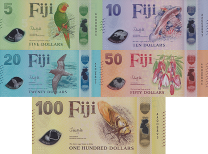 Fiji $5-100 2026 P New polymer Desing UNC AA Prefix Match LOW S/N W/Folder Set 5