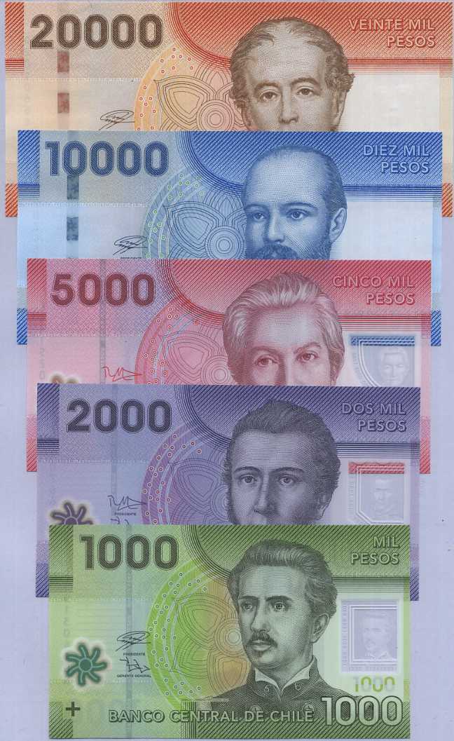 CHILE Set 5 pcs 1000-20000 Pesos 2016-2021 P 161-165 Polymer Paper UNC