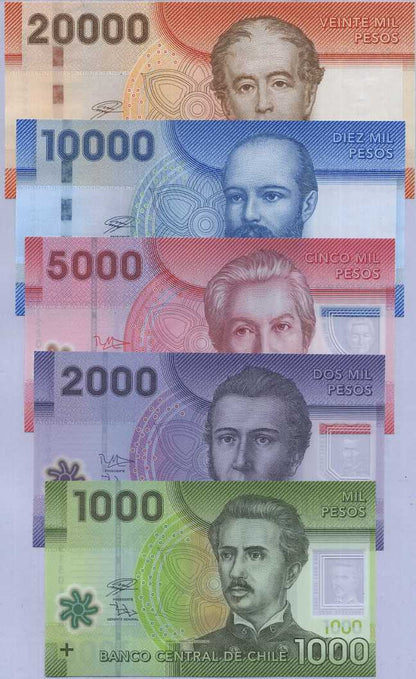 CHILE Set 5 pcs 1000-20000 Pesos 2016-2021 P 161-165 Polymer Paper UNC