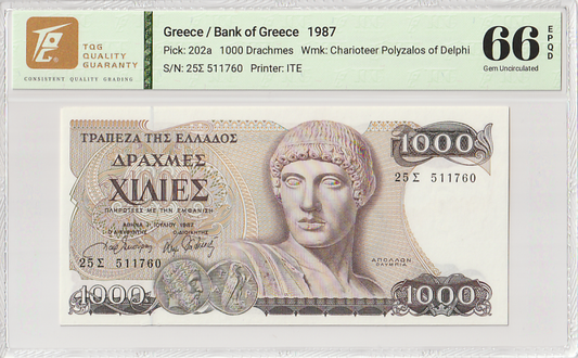 Greece 1000 Drachmes 1987 P 202a UNC TQG 66 EPQD With Hard Case