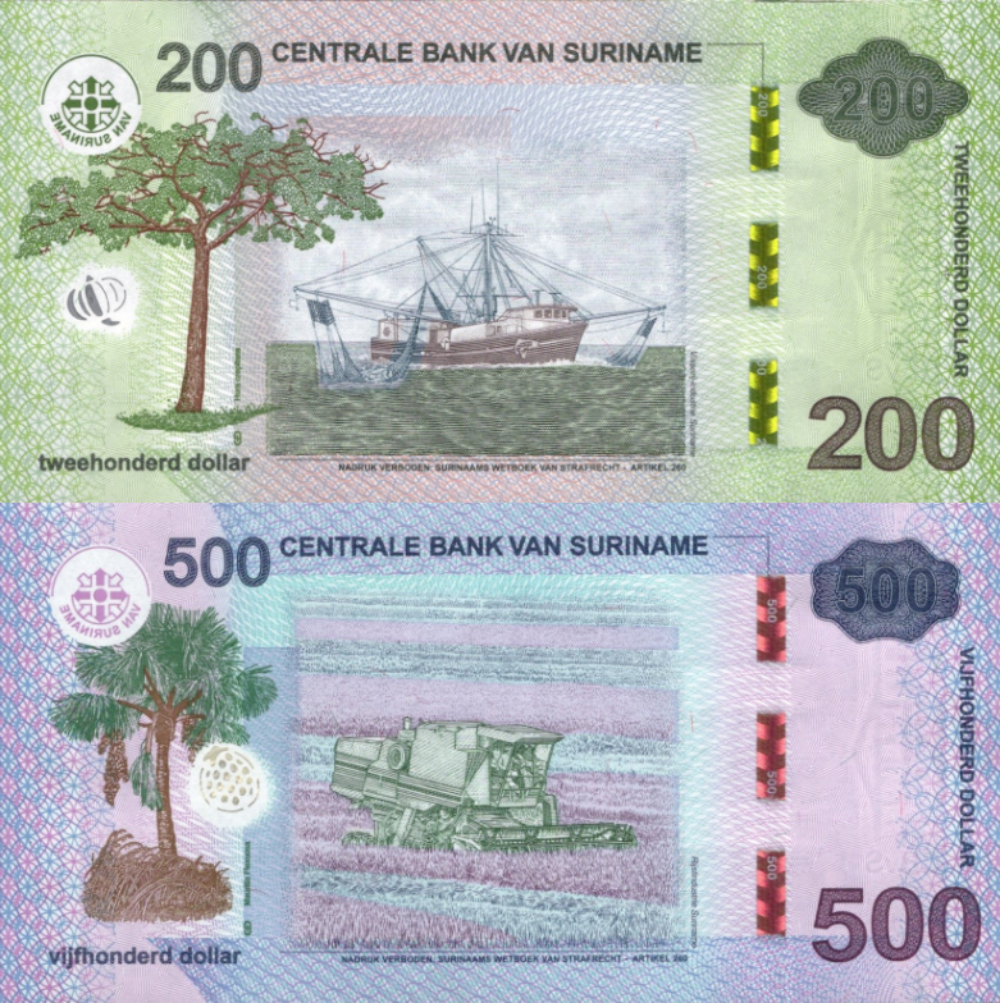 Suriname 200 500 Dollars 2024 P 166A 166B UNC Set 2 pcs