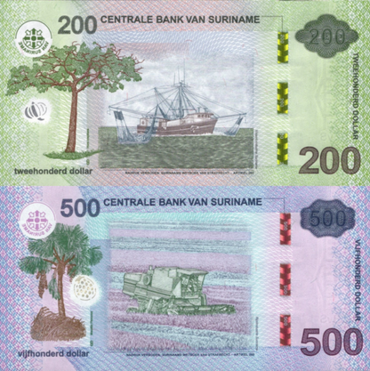 Suriname 200 500 Dollars 2024 P 166A 166B UNC Set 2 pcs