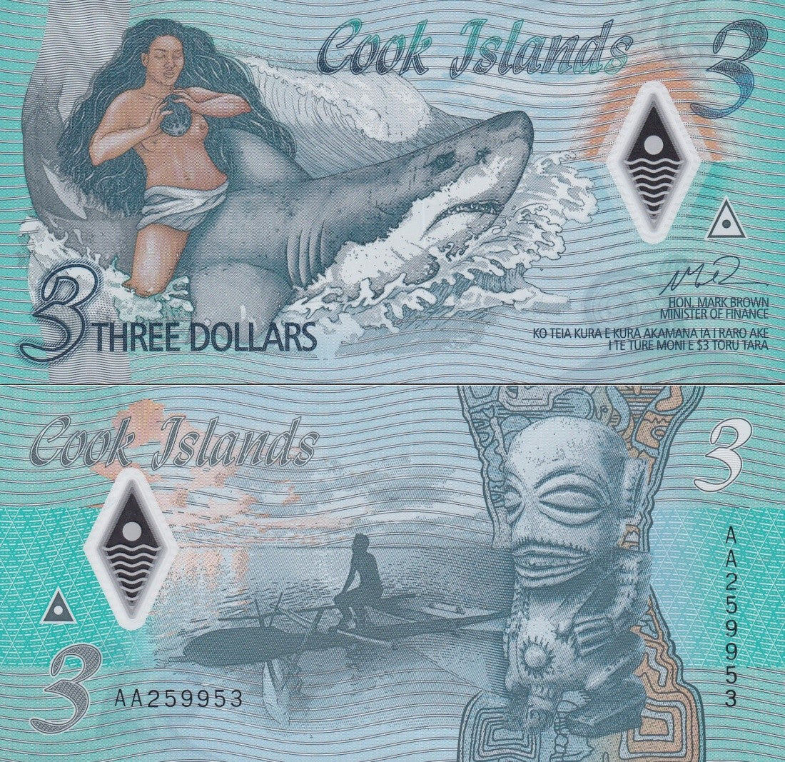 Cook Islands 3$ ND 2021 P 11 Polymer UNC 1/20 Bundle Lot 5 pcs AA Firs Prefix