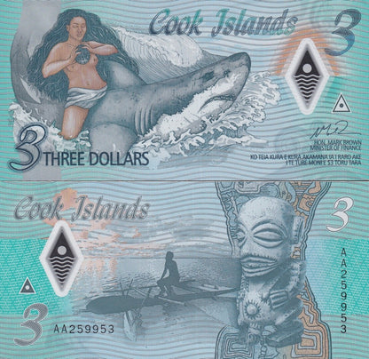 Cook Islands 3$ ND 2021 P 11 Polymer UNC 1/20 Bundle Lot 5 pcs AA Firs Prefix