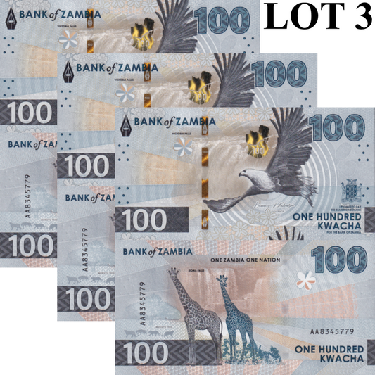 Zambia 100 Kwacha 2024 2025 P New Issue UNC AA First Prefix LOT 3 pcs