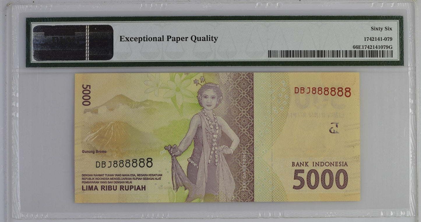 Indonesia 5000 Rupiah 2016/2017 P 156b Fancy SOLID 8 - DBJ 888888 UNC PMG 66 EPQ