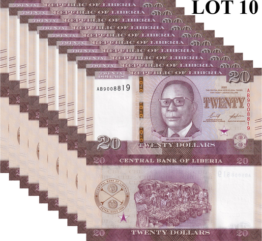 Liberia 20 Dollars 2022 P 39 UNC 1/10 Bundle Lot 10 pcs
