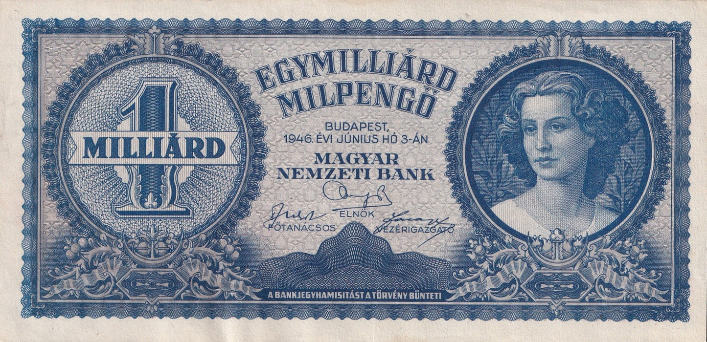 Hungary 1 Quadrillion Pengo 1946 P 131 UNC FOXING