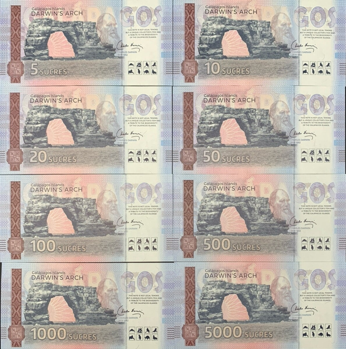 Galapagos Complete set of Eight Souvenir Note Full Set UNC Test Note Set 8 pcs