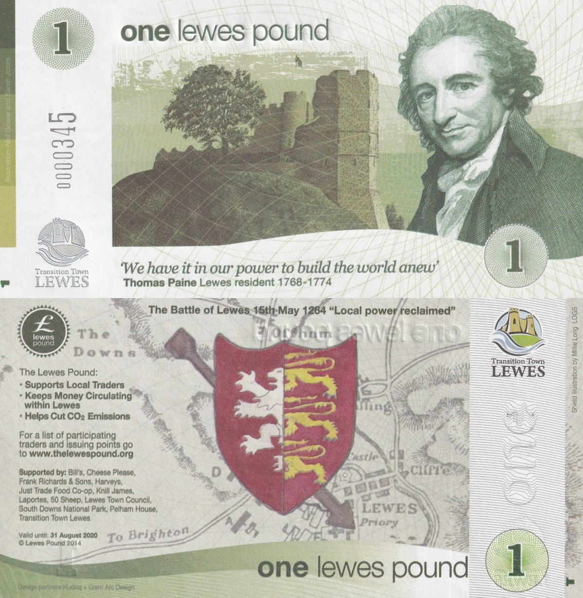 England Transition Town 2014 COMM. LEWES One Lewes Pounds UNC LOW S/N 0000XXX