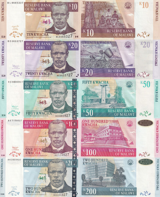 Malawi Set 5 Pcs 10 20 50 100 200 Kwacha 2004 - 2007 P 51 52 53 54 55 UNC