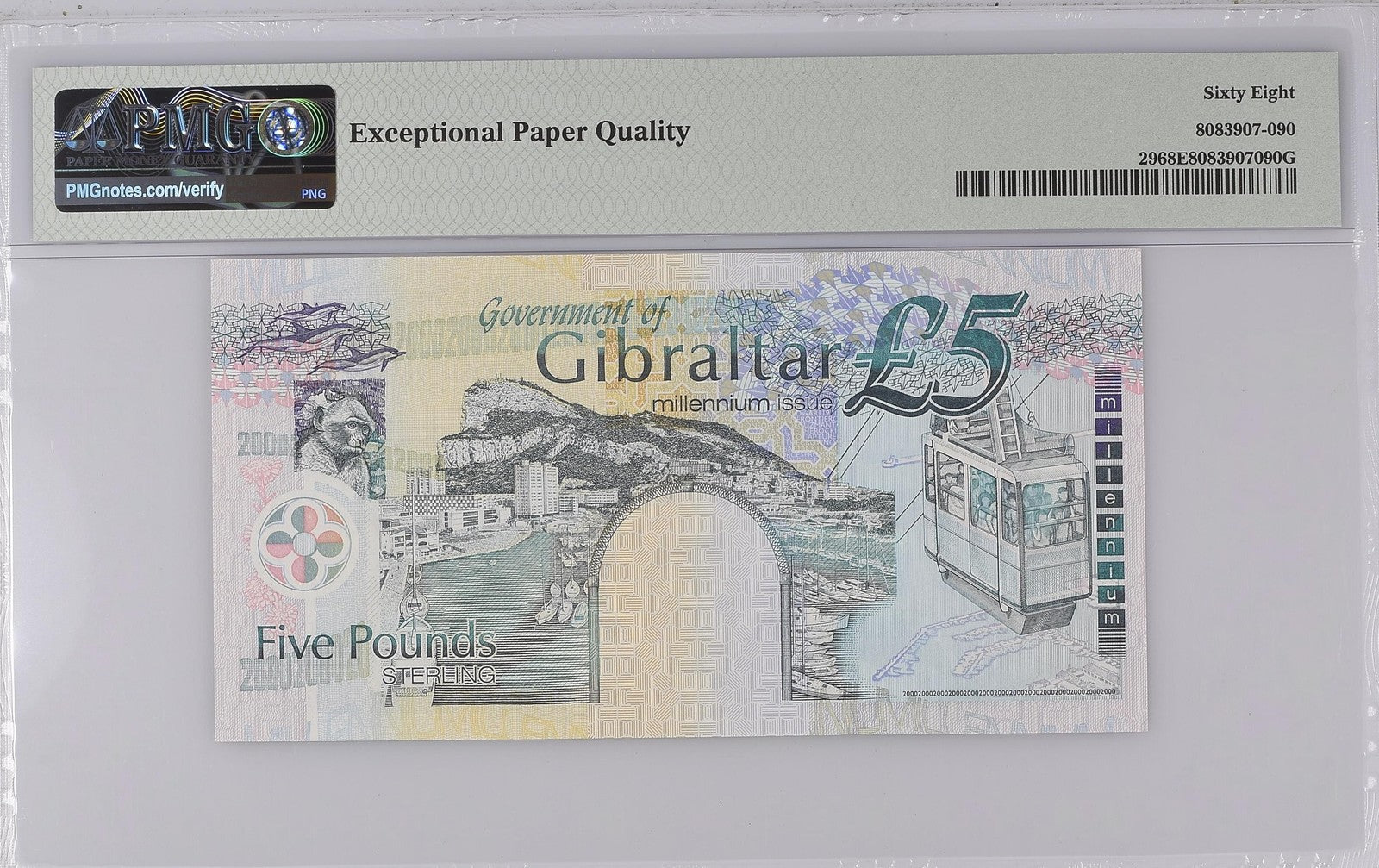 Gibraltar Commemorative 5 Pounds 2000 P 29 UNC PMG 68 EPQ MM Prefix TOP POP