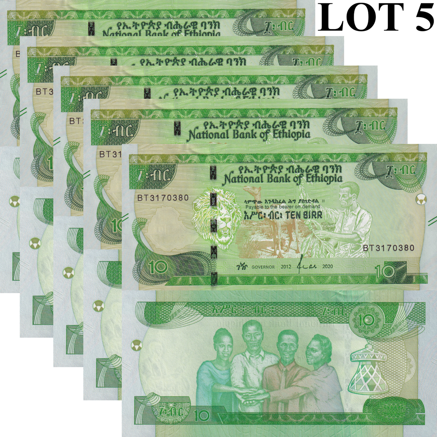 Ethiopia 10 Birr 2012 AD 2020 P 55 UNC 1/20 Bundle Lot 5 pcs