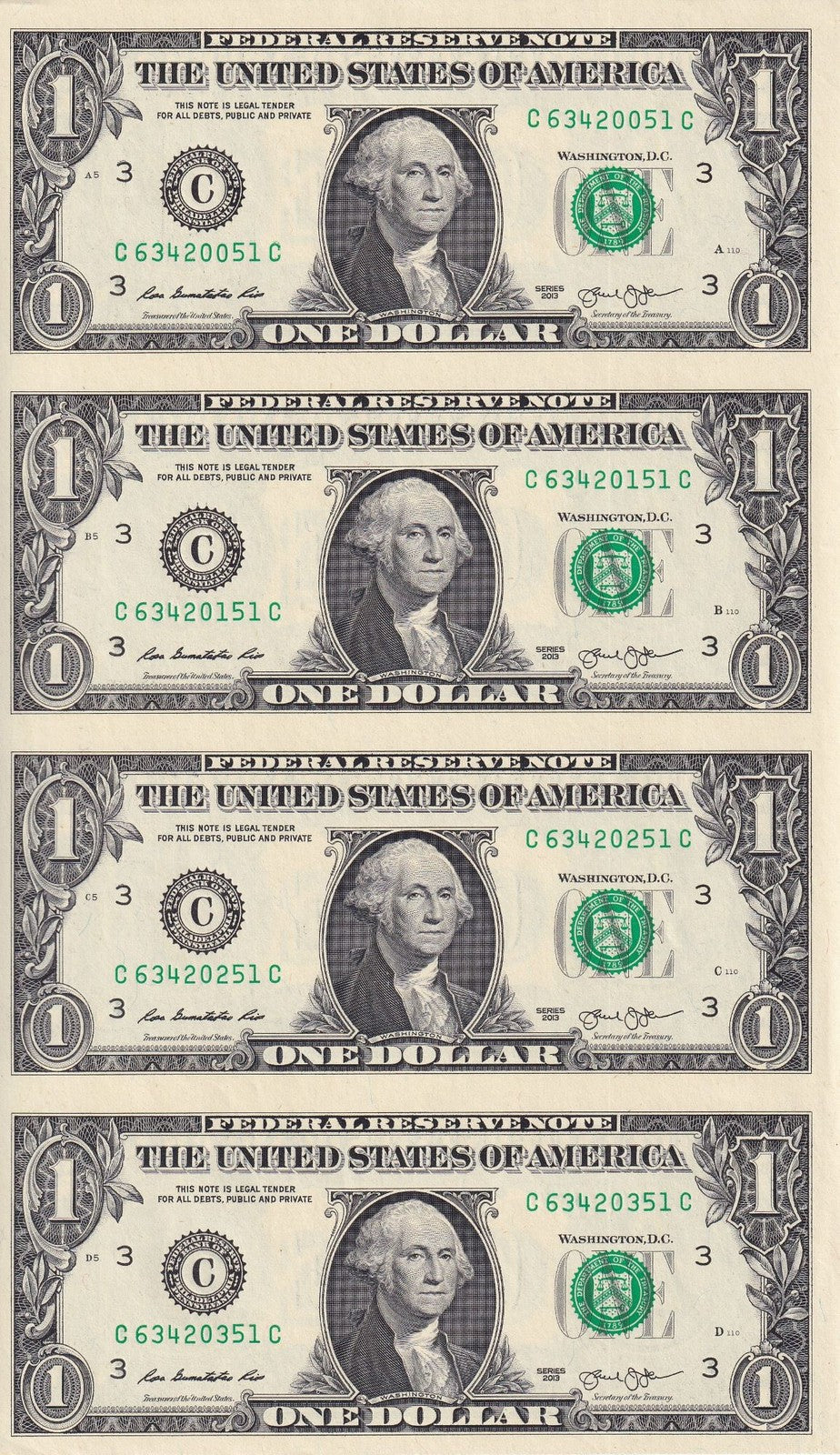 United States USA 1 Dollar 2013 P 537 "C" Philadelphia PA UNC UNCUT 4 IN 1