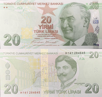 Turkey 20 Turk Lirasi 2009/2025 P 224 New Date UNC 1/4 Bundle Lot 25 pcs