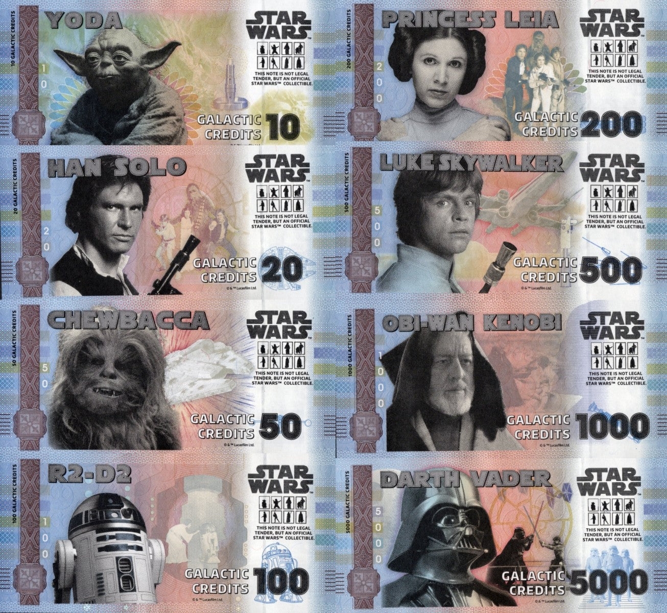 Disney Official Star Wars Test Note 10 20-5000 Galactic Credits UNC Set 8 p W/F