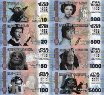 Disney Official Star Wars Test Note 10 20-5000 Galactic Credits UNC Set 8 p W/F