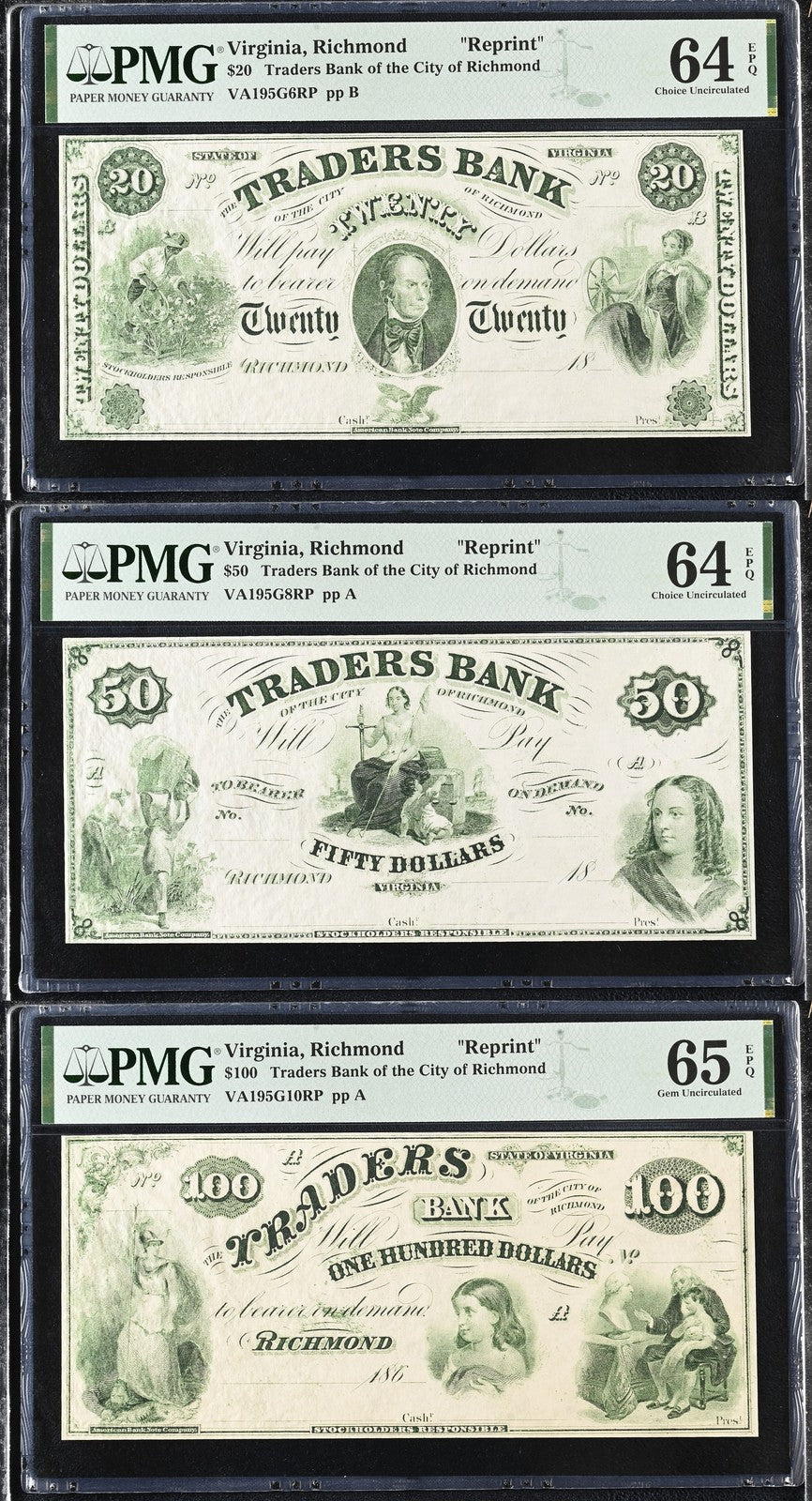 Virginia Richmond Reprint 20-100 Obsolete Bank Note UNC PMG 64 65 EPQ Set 3 pcs