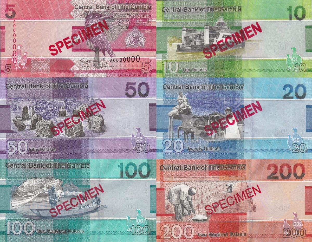 Gambia 5 10 20-200 Dalasis 2019 P 37 38 39-42 UNC A Prefix SPECIMEN Set 6 pcs