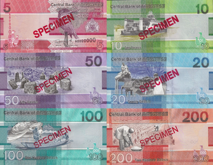 Gambia 5 10 20-200 Dalasis 2019 P 37 38 39-42 UNC A Prefix SPECIMEN Set 6 pcs