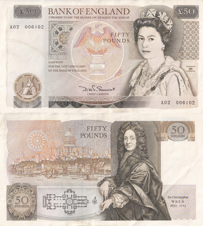 Great Britain 50 Pounds ND 1989-1993 P 381 AU With Annotation