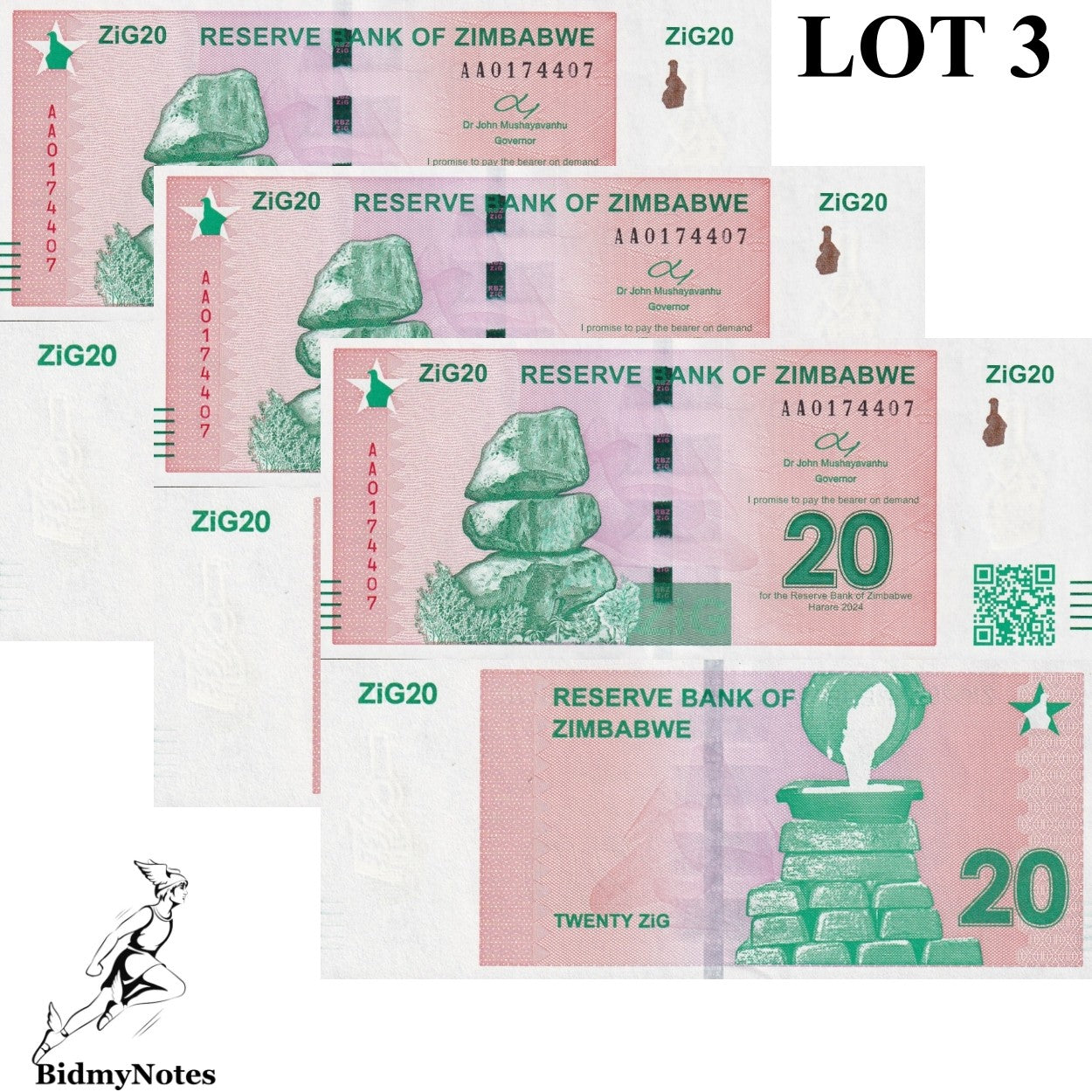 Zimbabwe 20 Zig 2024 P 111 UNC AA First Prefix LOT 3 pcs