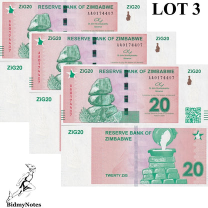 Zimbabwe 20 Zig 2024 P 111 UNC AA First Prefix LOT 3 pcs