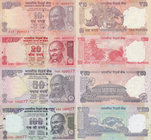 India 10 20-100 2014-2016 P 102v 103l 104u 105ad UNC Set 4 pcs Match No. 0000XX