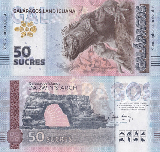Galapagos Souvenir Note 50 Sucres Galapagos Land Iguana UNC Test Note