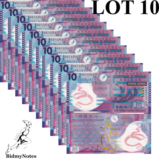 Hong Kong 10 Dollars April 2007 P 401a Polymer UNC GOV 1/10 Bundle LOT 10 pcs