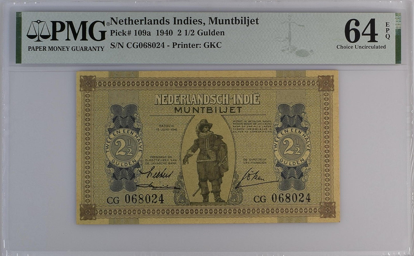 Netherlands Indies Muntbiljet 2 1/2 Gulden 1940 P 109a UNC PMG 64 EPQ