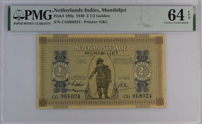 Netherlands Indies Muntbiljet 2 1/2 Gulden 1940 P 109a UNC PMG 64 EPQ