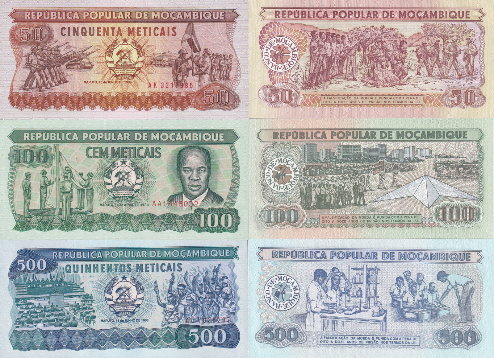 Mozambique 50 100 500 Meticais 1986 & 1989 P 129b 130c 131c UNC Set 3 pcs