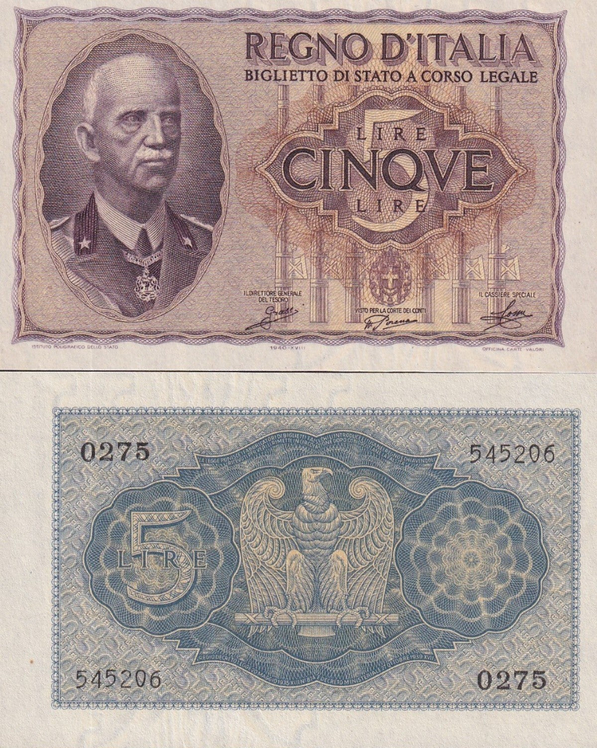 Italy Regno d'Italia 5 Lire 1940 P 28 UNC