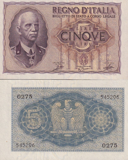 Italy Regno d'Italia 5 Lire 1940 P 28 UNC