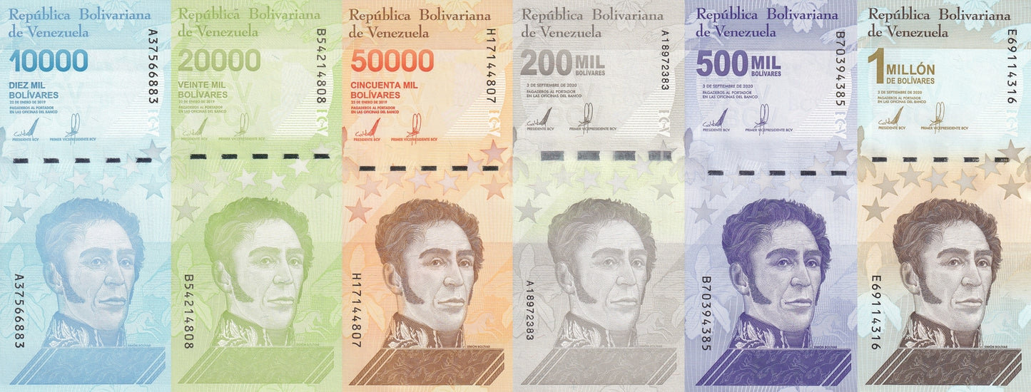 Venezuela 10000 20000 50k-500k 1 Million 2019-2020 P 109-114 UNC Set 6 pcs