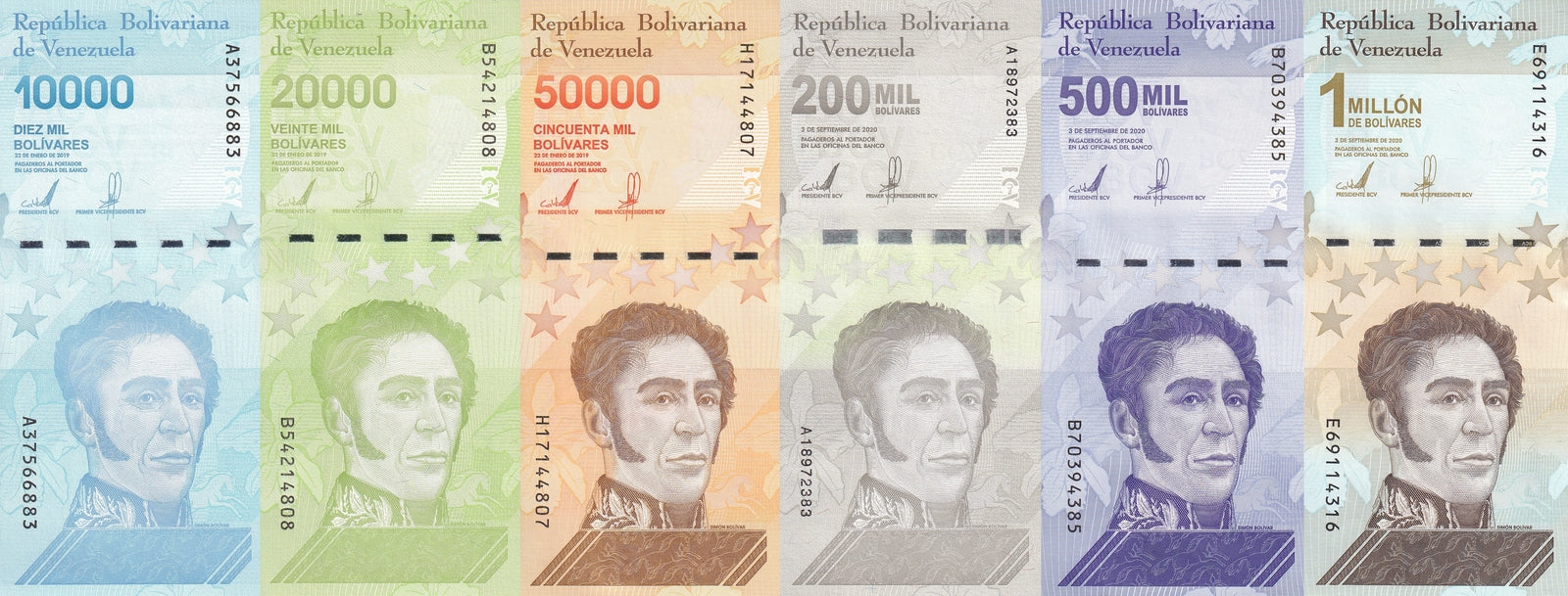 Venezuela 10000 20000 50k-500k 1 Million 2019-2020 P 109-114 UNC Set 6 pcs