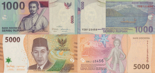 Indonesia 1000 5000 2012-22 P 141 164 UNC Set 2 pcs ASCENDING LADDER NO. 123456