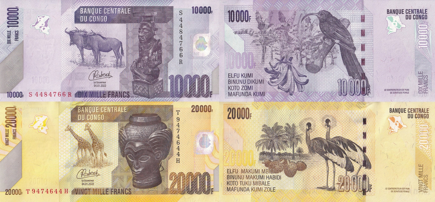 Congo 1000 2000 Francs 2022 P 103 104 UNC Set 2 pcs
